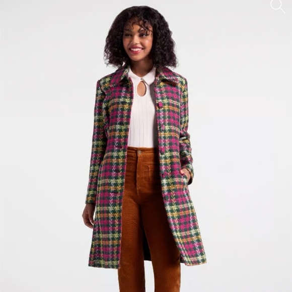 ModCloth Green and Pink Plaid Car Coat-XL - Picture 2 of 6